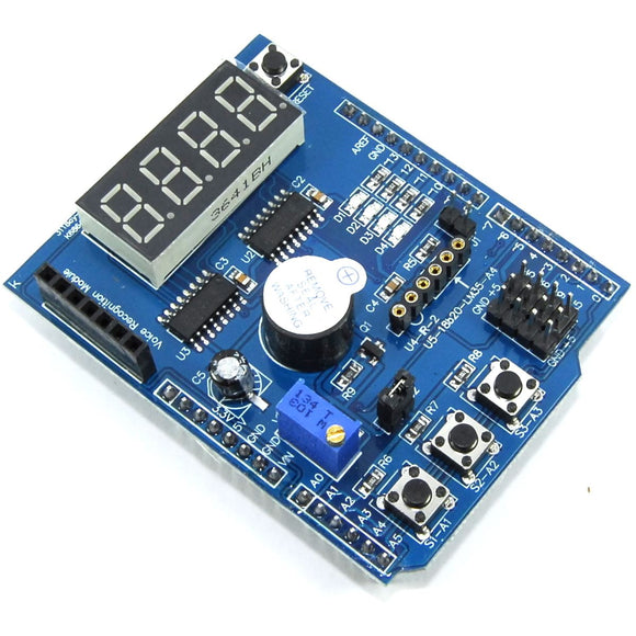 Multi-Purpose Shield for Arduino UNO Status LM 7-Seg Buzzer LED – Flux ...